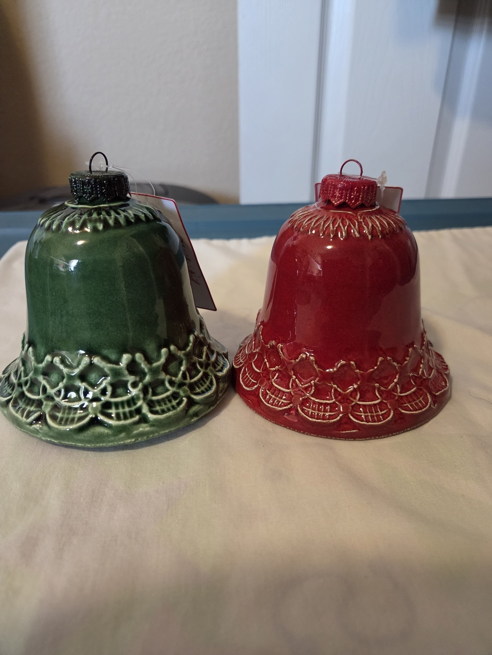 Ceramic Holiday Bell Ornaments in Red and Green
